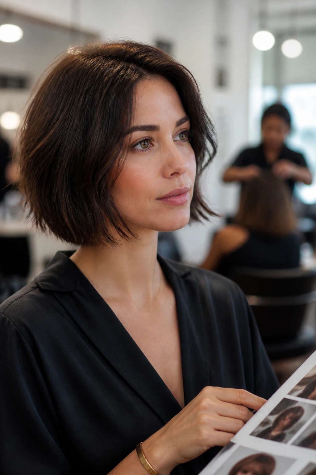 Real woman in salon chair discussing haircut details with stylist off-frame