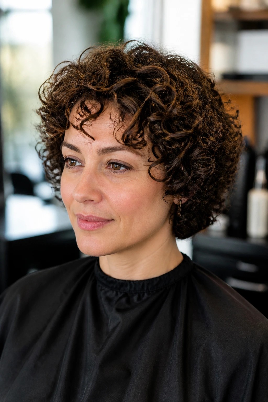 Portrait of real person in salon chair discussing haircut shape