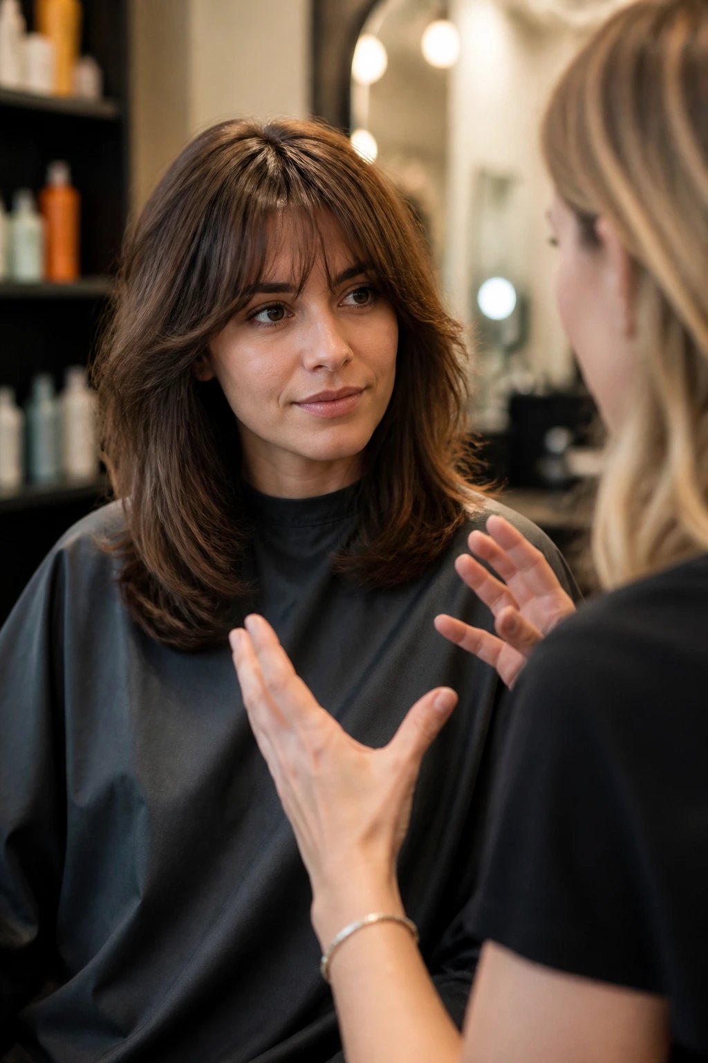 Client in salon consultation discussing feathered shape with stylist