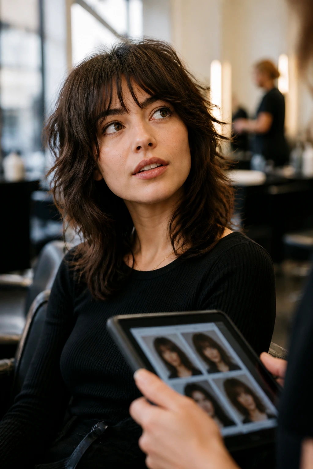 Portrait of a salon client discussing hair shape with stylist off-camera in natural light
