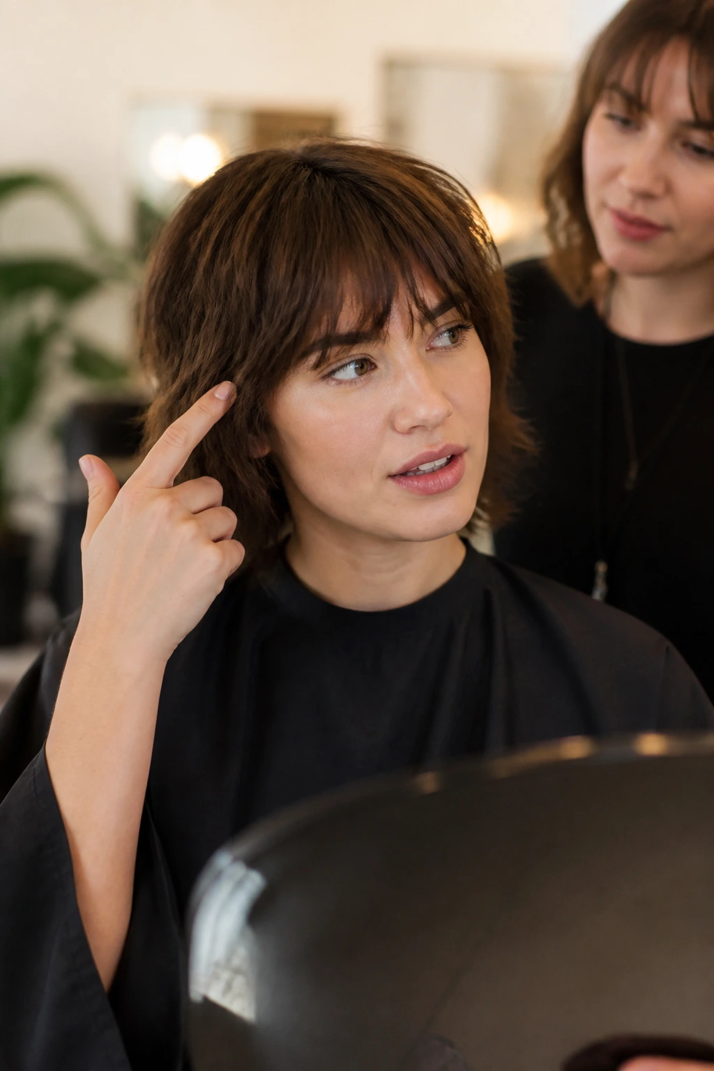 Portrait of a person in a salon chair during a hair consultation
