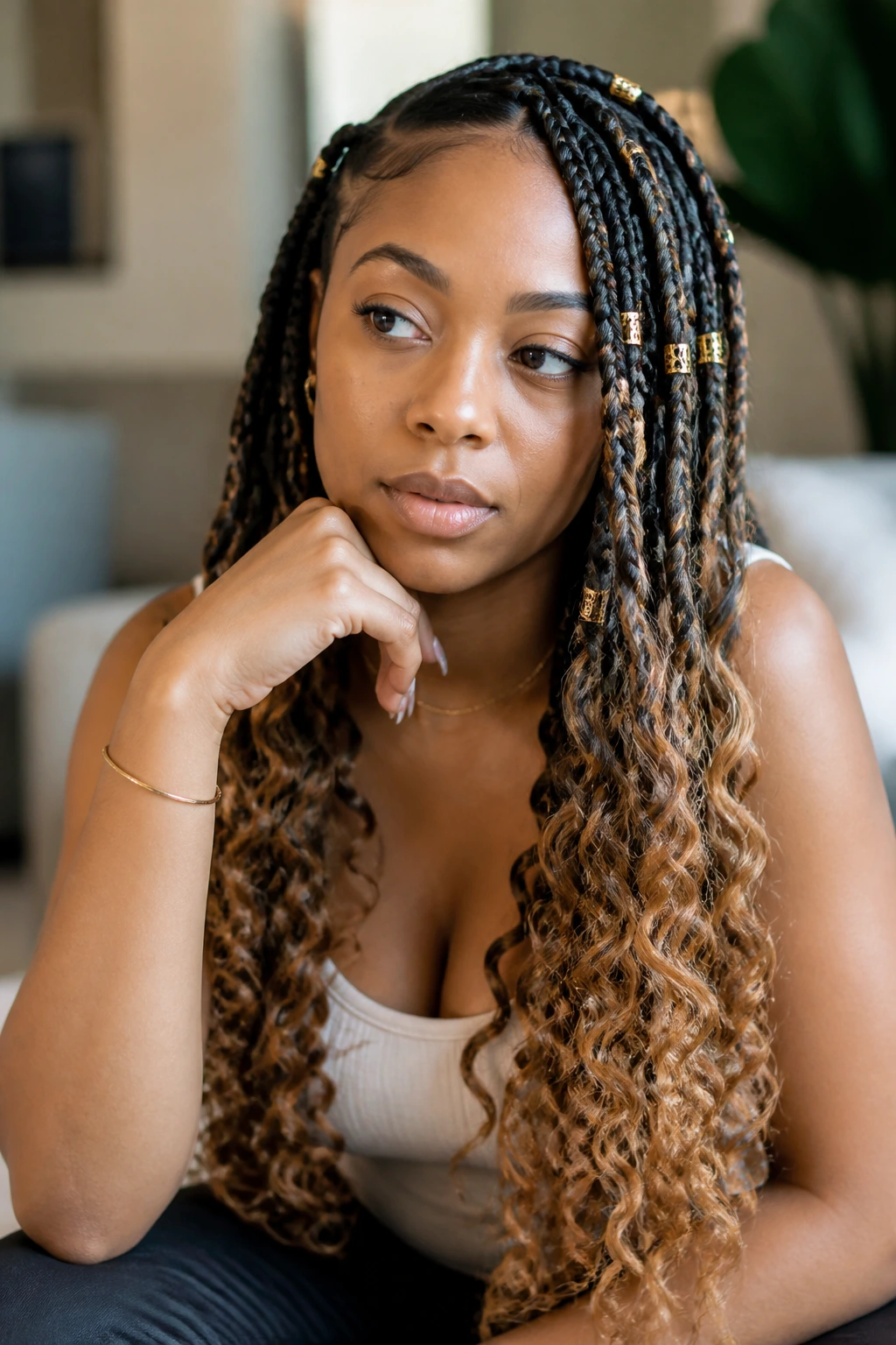Portrait of a real person with gradient knotless braids and subtle accessories