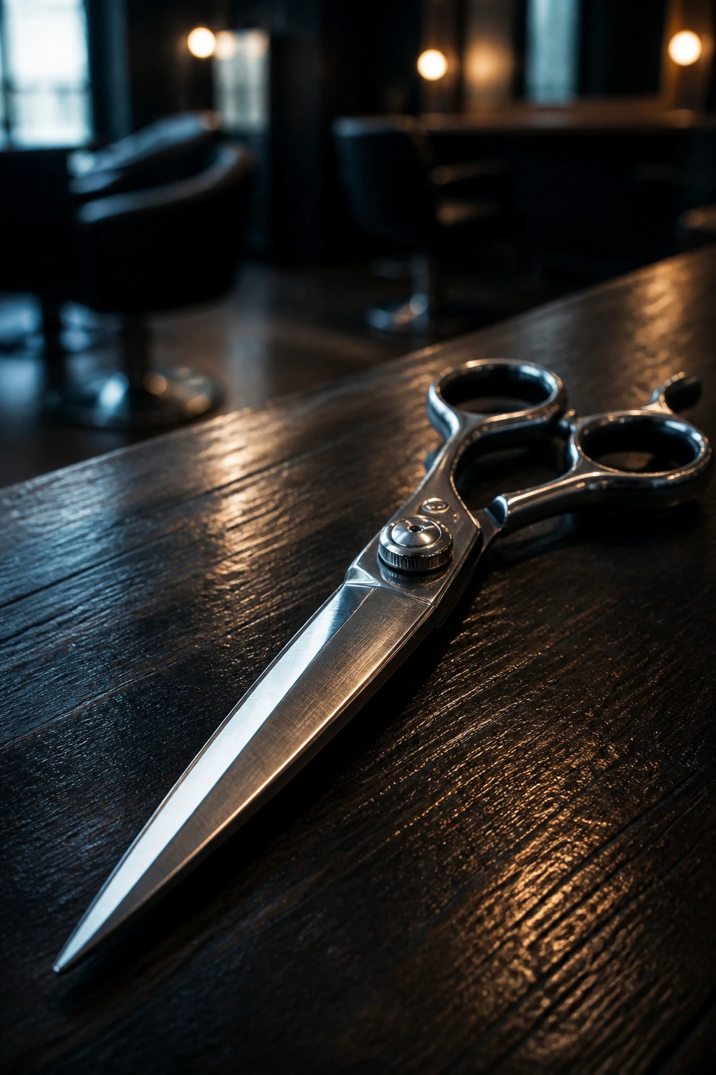 Close-up of a sharp hair-cutting shear with polished blades in a salon setting
