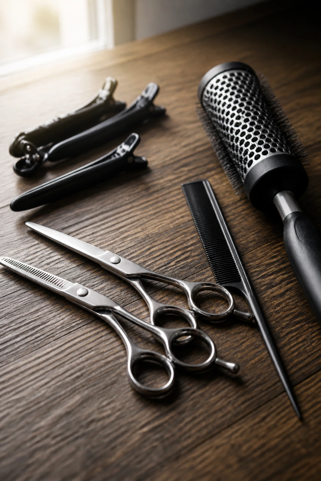 Close-up of essential hair-cutting tools arranged on a wooden surface