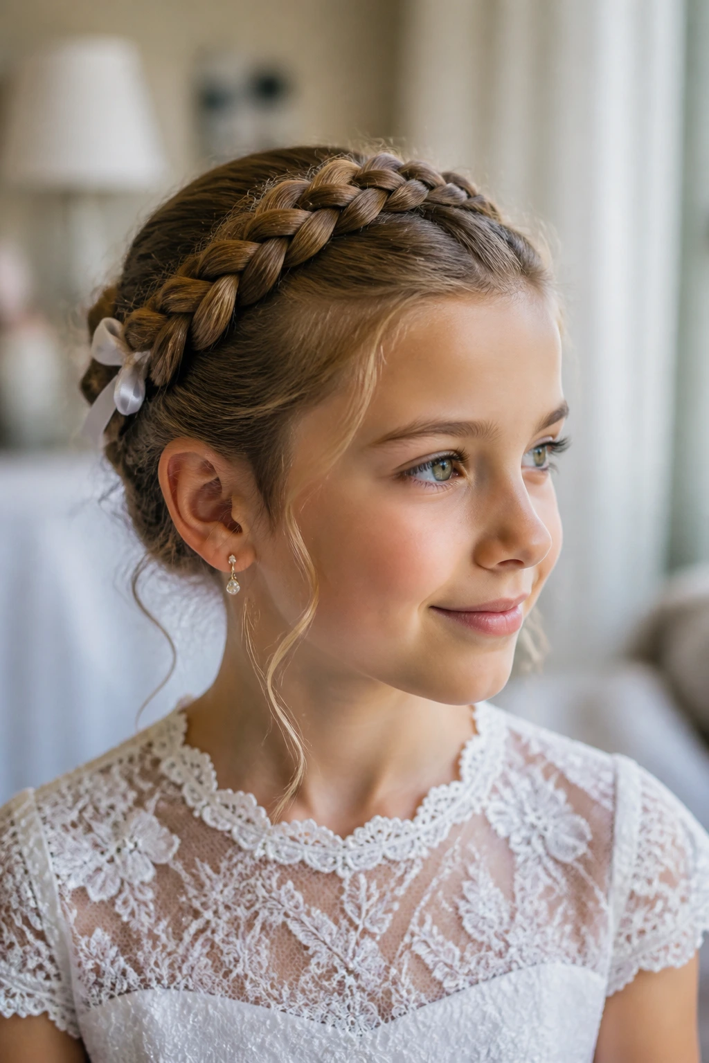 Child with braided crown hair and ribbon accents beside lace dress