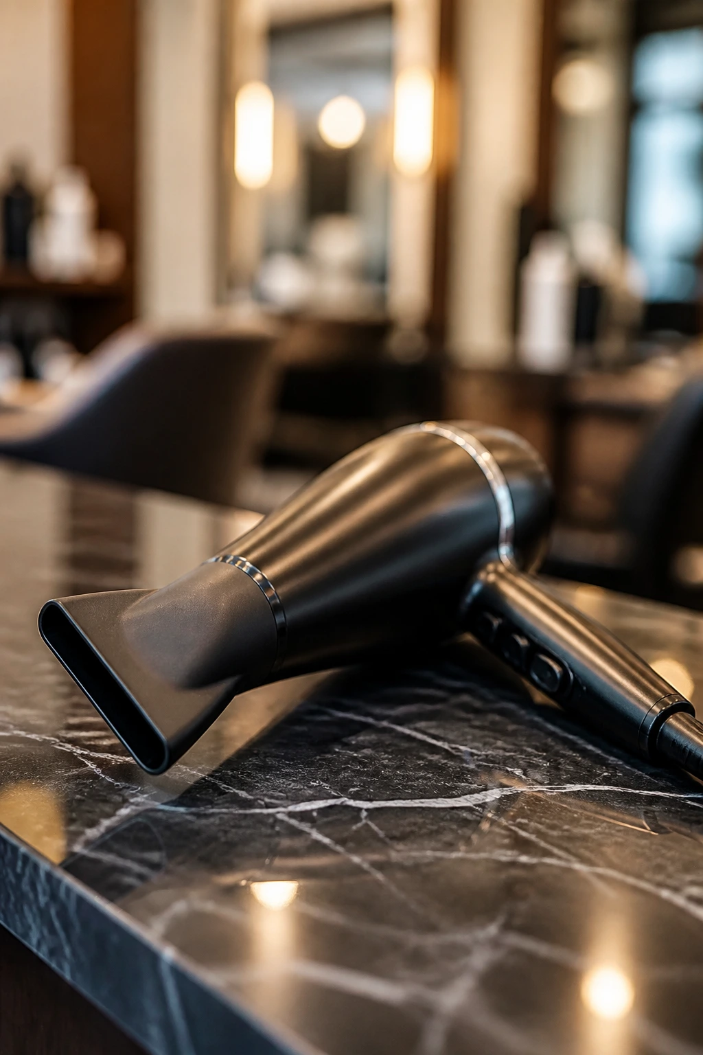 Close-up of a hair dryer with concentrator nozzle in a salon setting