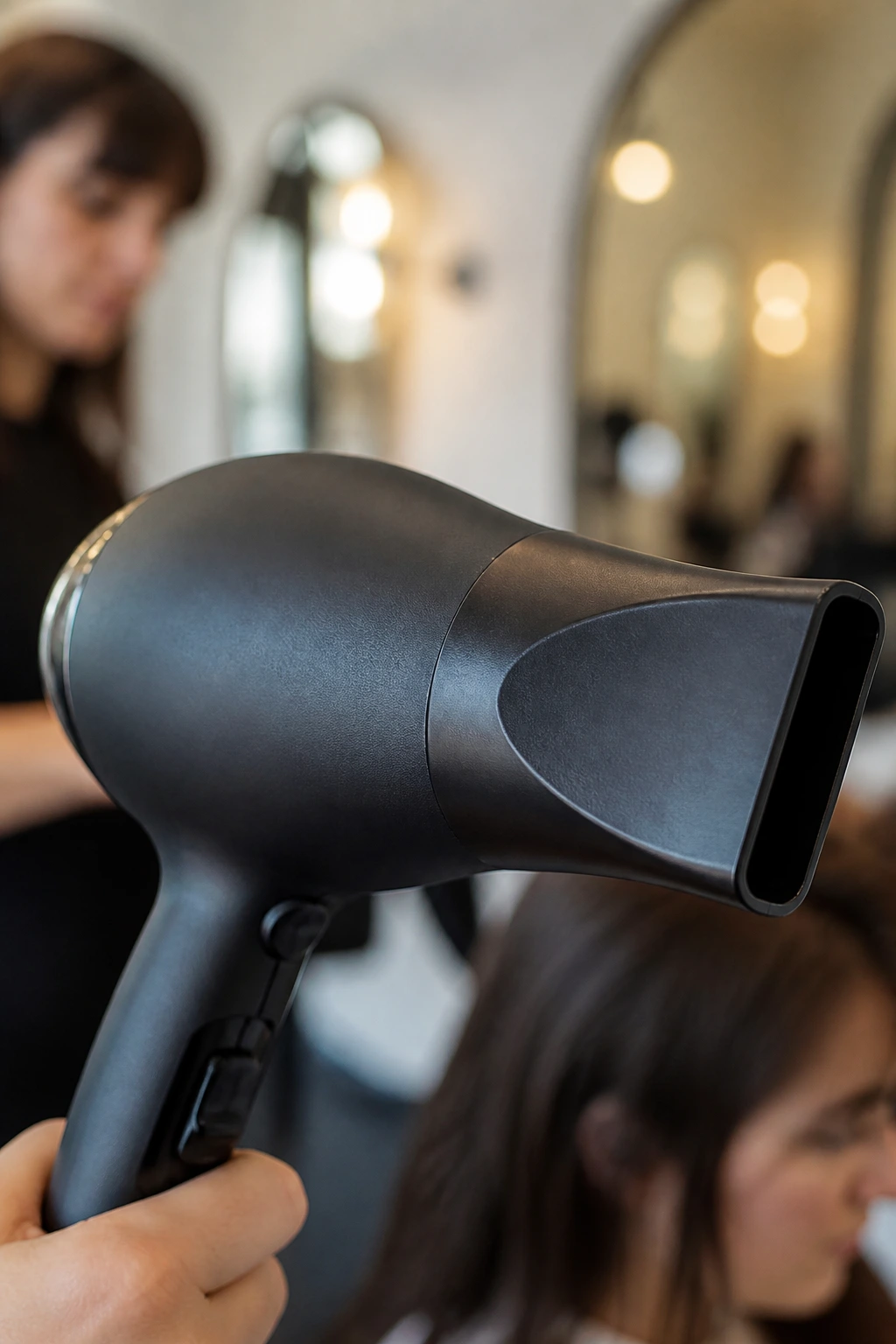 Close-up of a professional hair dryer with concentrator nozzle in a salon setting.