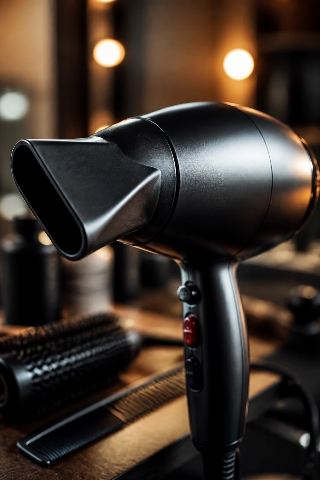 Close-up of a professional hair dryer with concentrator nozzle in a salon setting