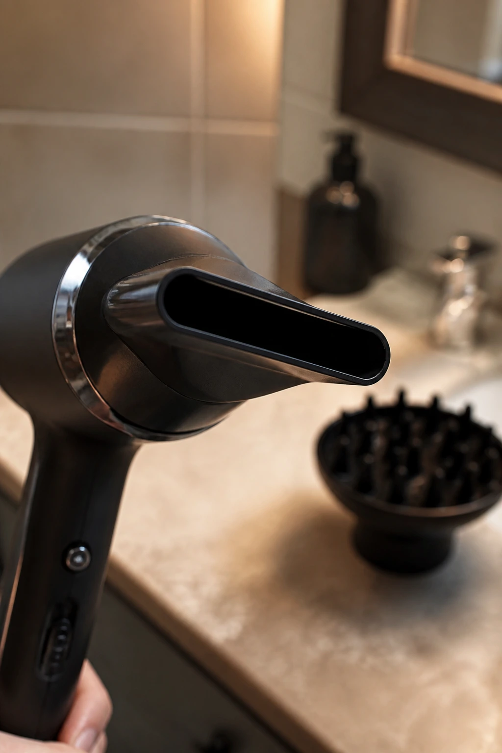 Close-up of a hair dryer nozzle on a bathroom counter with diffuser in the background