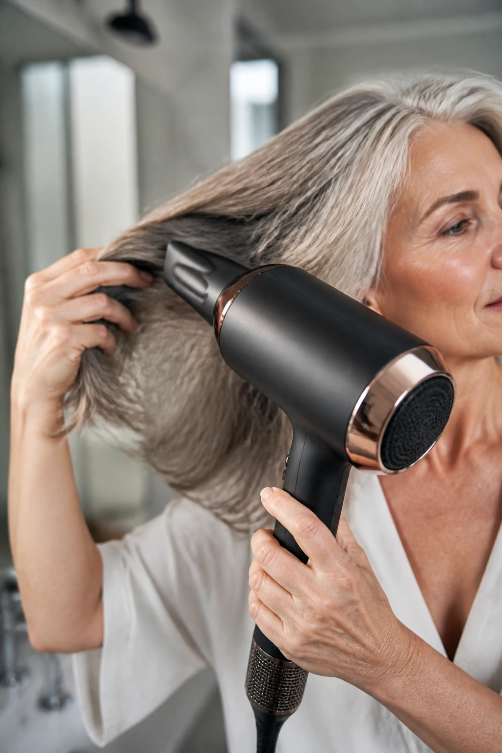 Close-up of a hair dryer nozzle used on thick hair in a bright home bathroom