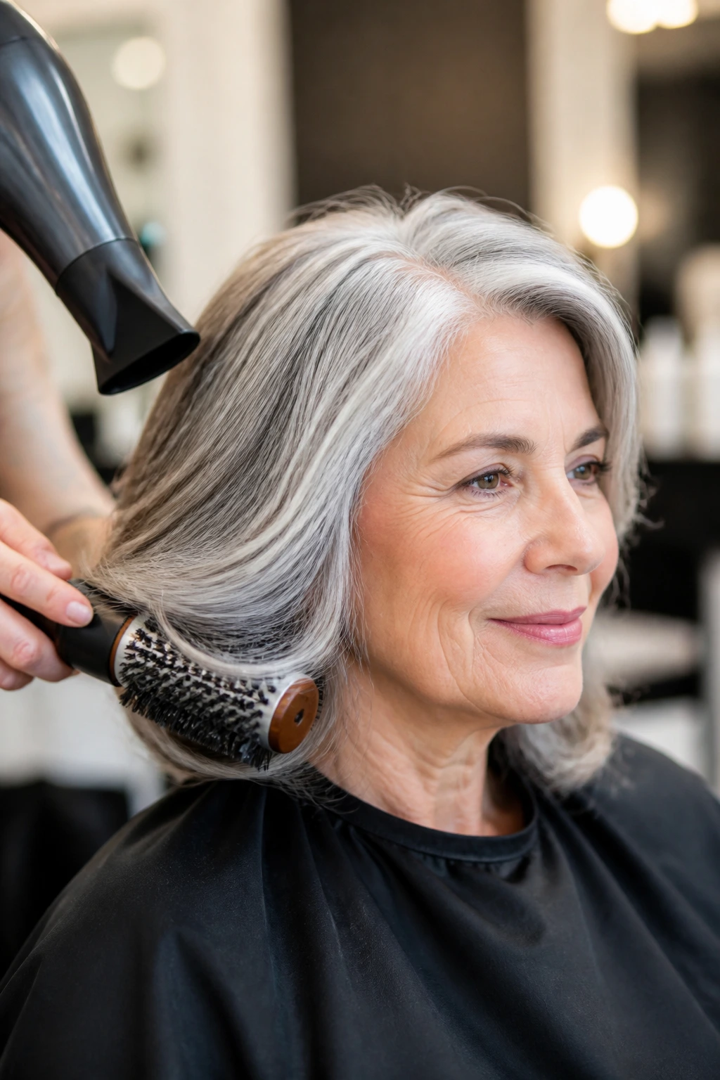 Portrait of a woman using a blow dryer nozzle to shape gray hair near glasses