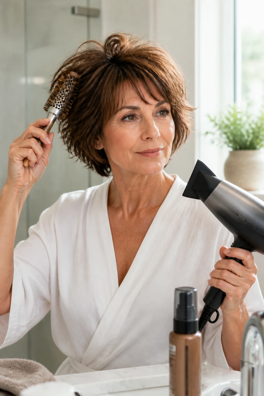 Person styling short shag hair at home with dryer and round brush