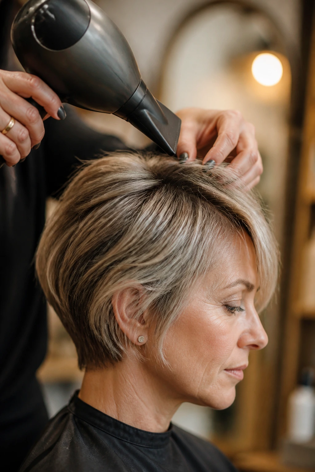 Hair dryer with concentrator nozzle used on a short bob in a salon