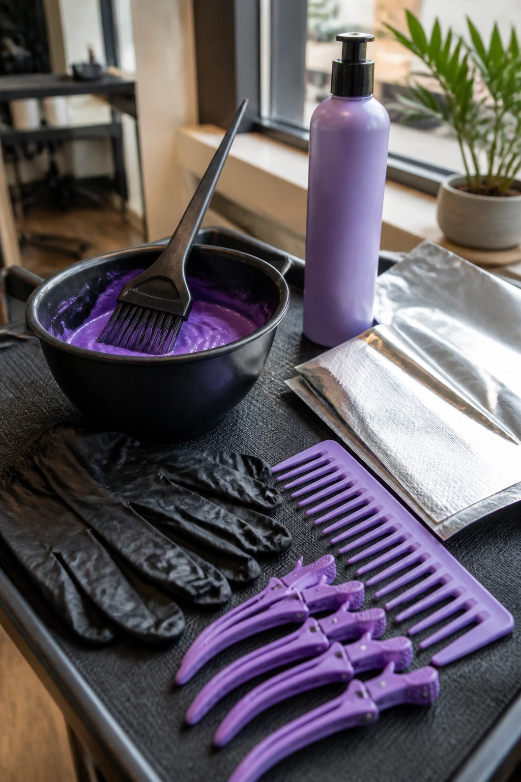 Close-up of hair coloring tools on a salon counter