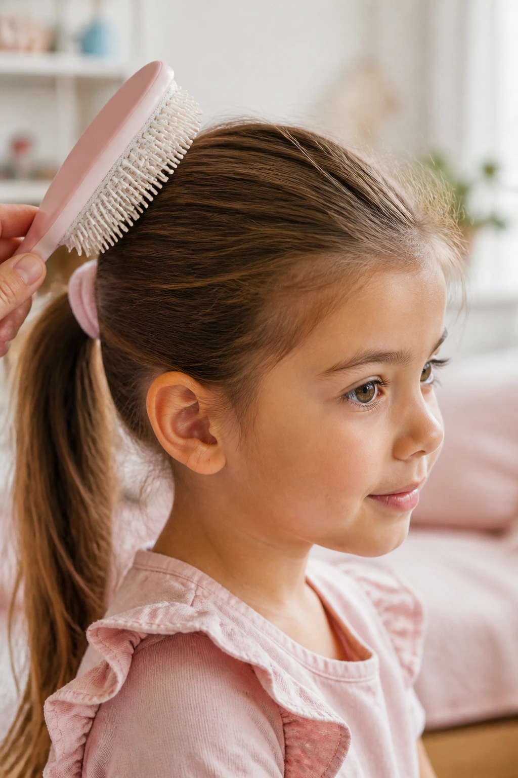 Close-up portrait of a young girl with a soft elastic ponytail and flexible-bristle brush in view.