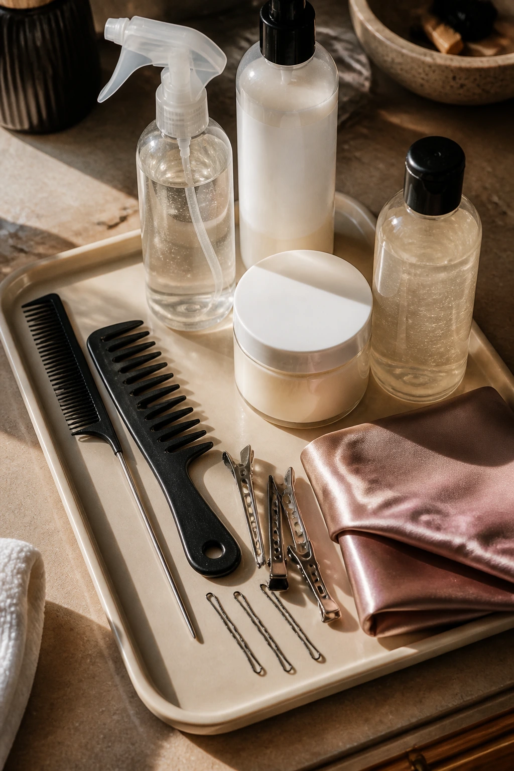 Top-down shot of essential equipment for coil styles on a vanity.
