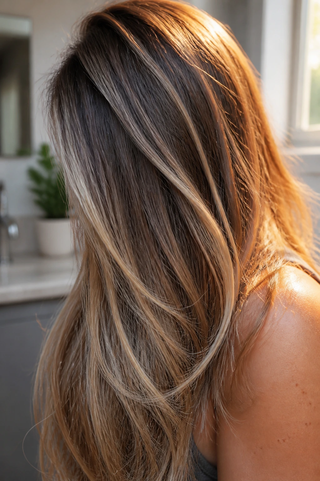 Hair showing fade differences due to sun and humidity with brass tones on sun-exposed strands.
