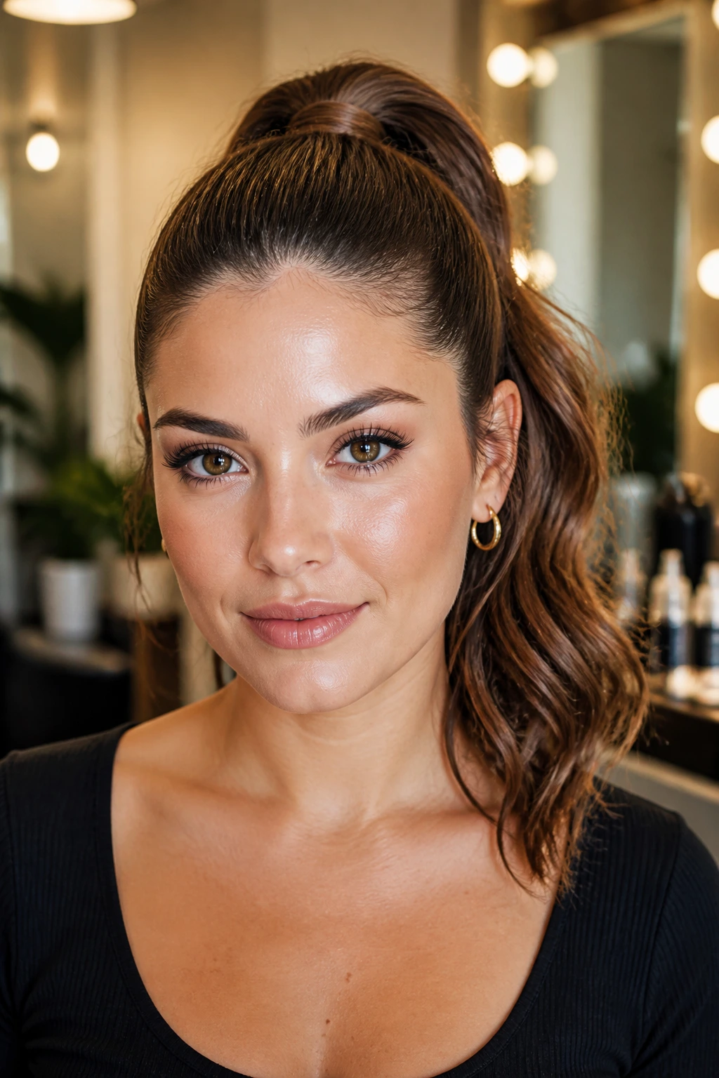 Portrait showing a high ponytail with a refined finish in a stylish setting
