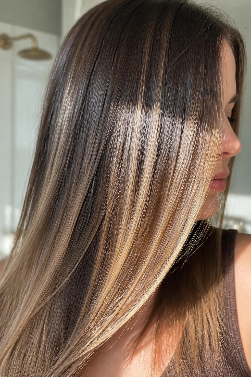 Close-up of shiny, glossy balayage on straight hair