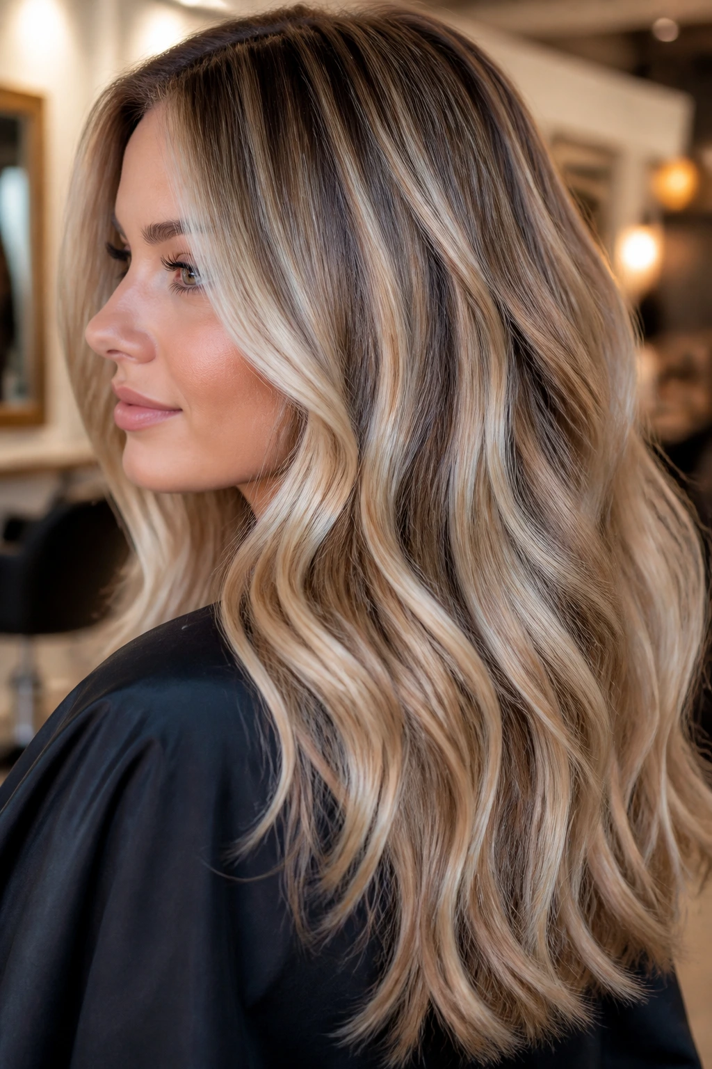 Close-up of thick hair with champagne highlights and gloss in a salon