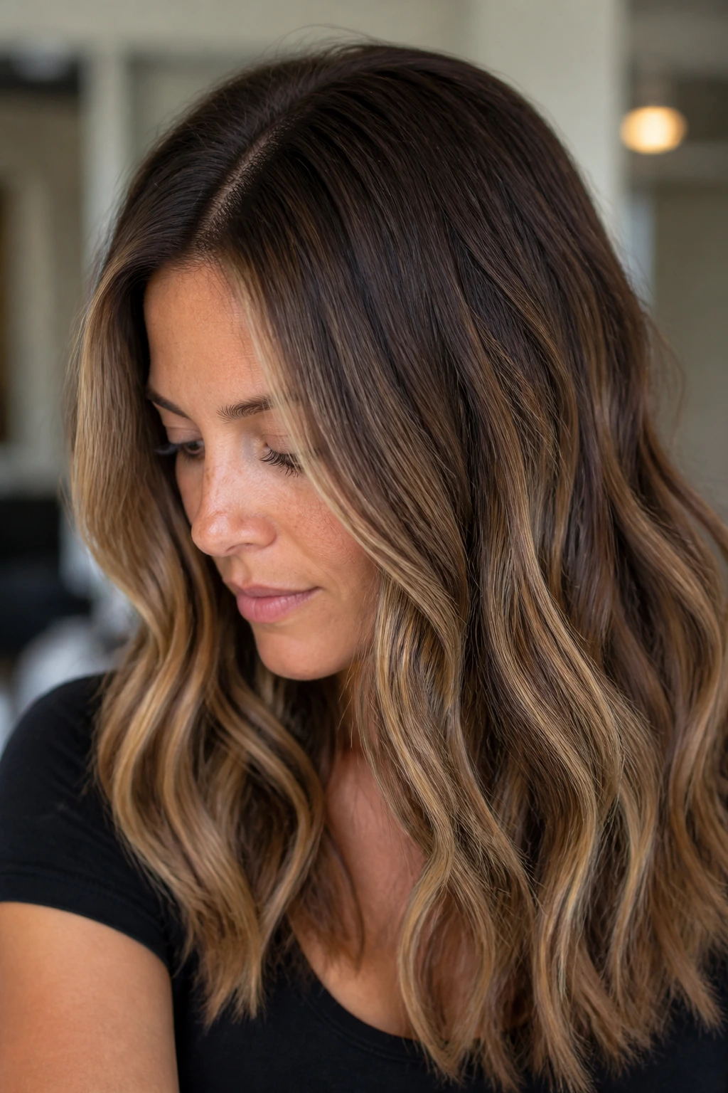 Close-up portrait of hair with multi-tonal caramel beige ribbons