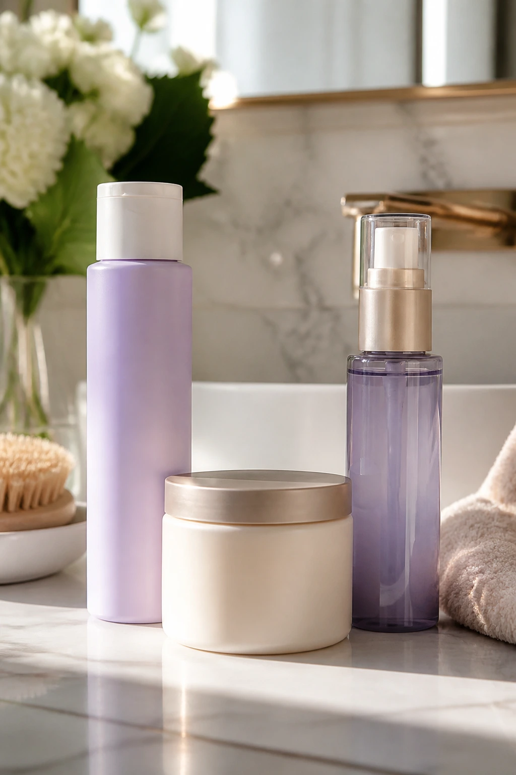 Close-up of hair-care products on a bright bathroom vanity