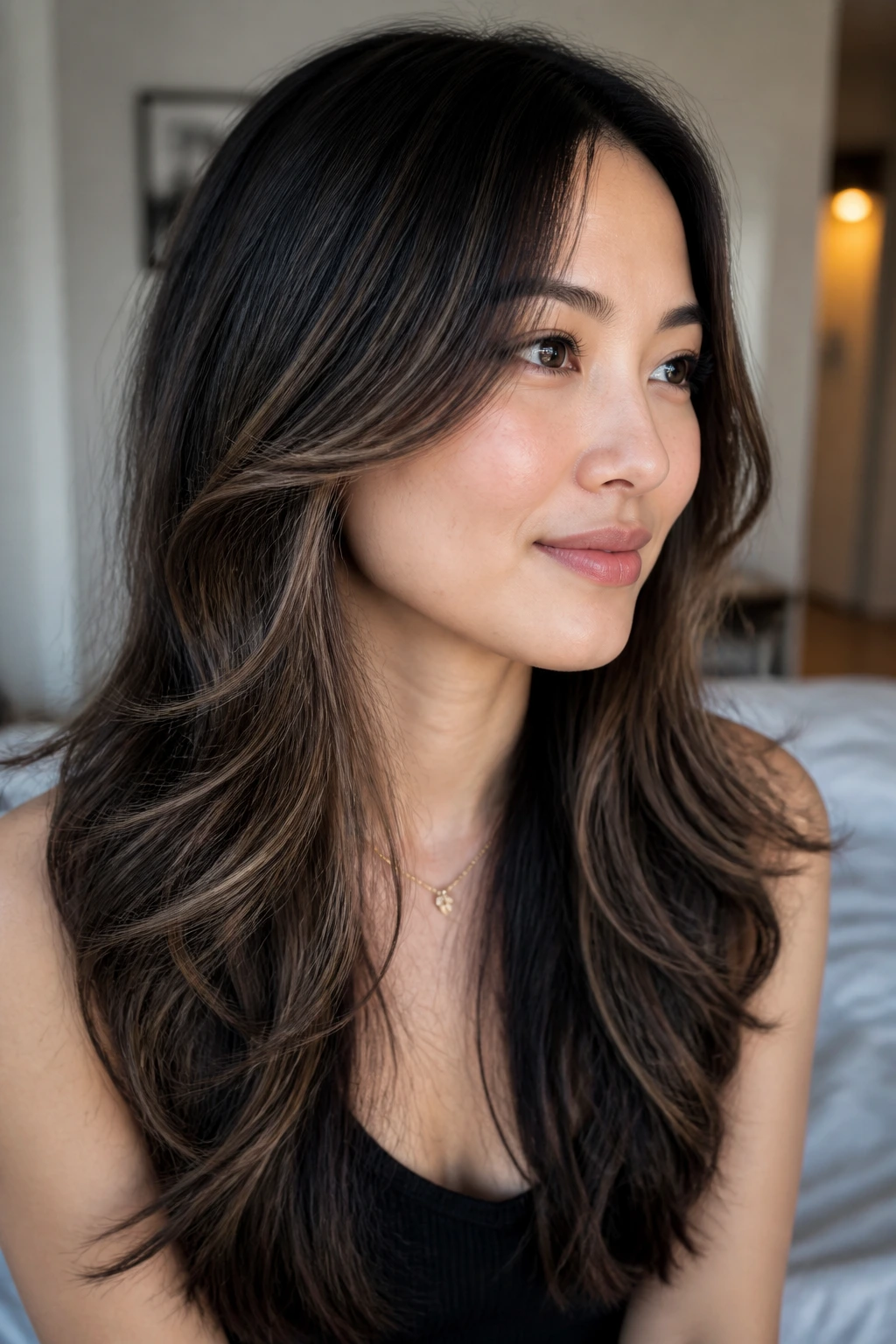 Close-up of dark hair with caramel frame and mushroom melt highlights.