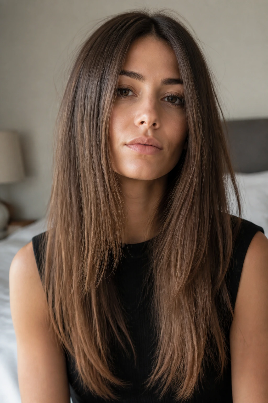 Real woman with long hair showing flattened crown and ends due to improper layering.