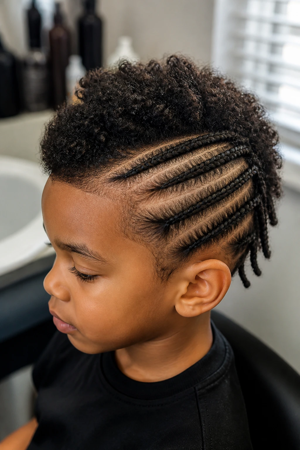 Close-up of a real boy's head showing varied hair lengths and curl patterns with braids beginning at the scalp.