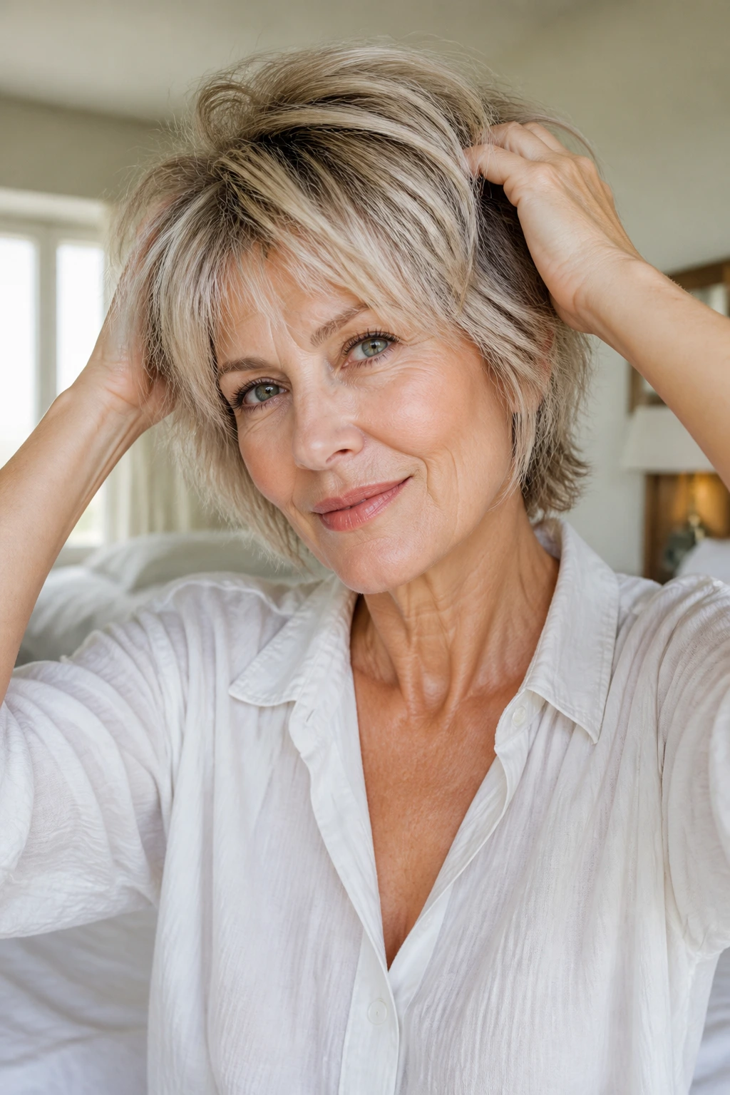 Real woman refreshing her layered cut in morning light.