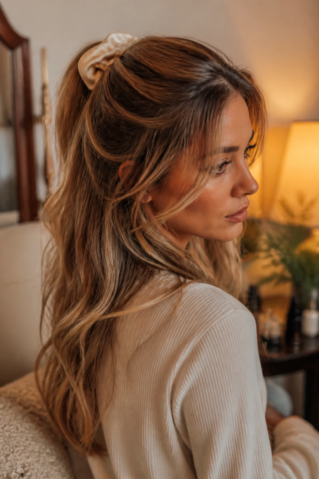 Person with long layered hair wearing silk scrunchie to maintain shape