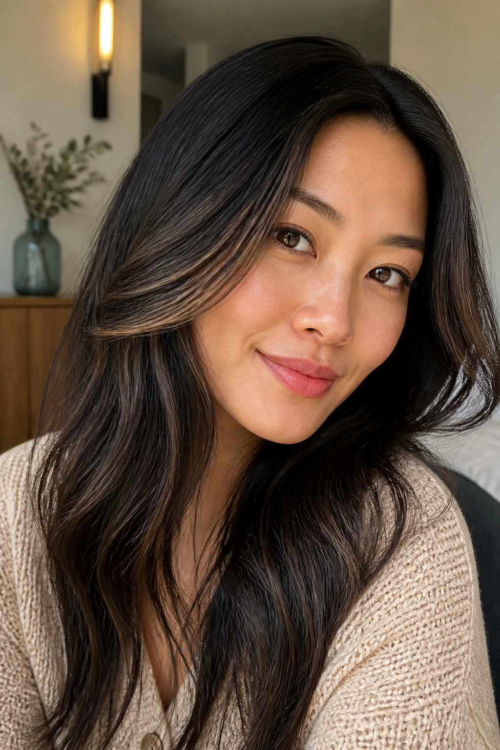 Portrait of a woman with glossy dark hair in a home setting