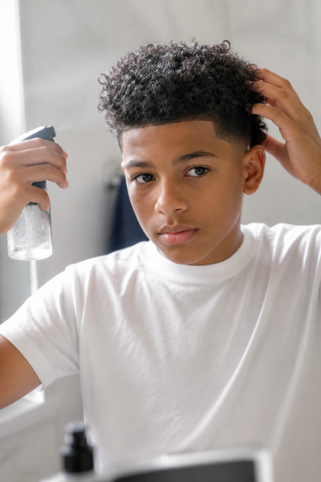 Boy refreshing curls at home with a light mist to maintain haircut