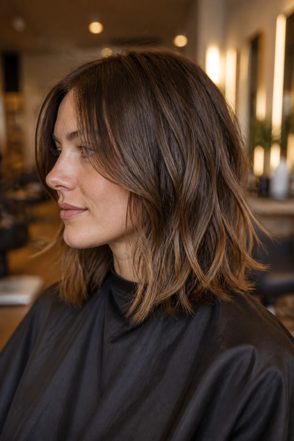 Portrait of a real person in a salon chair with a medium-length choppy cut and trimmed ends