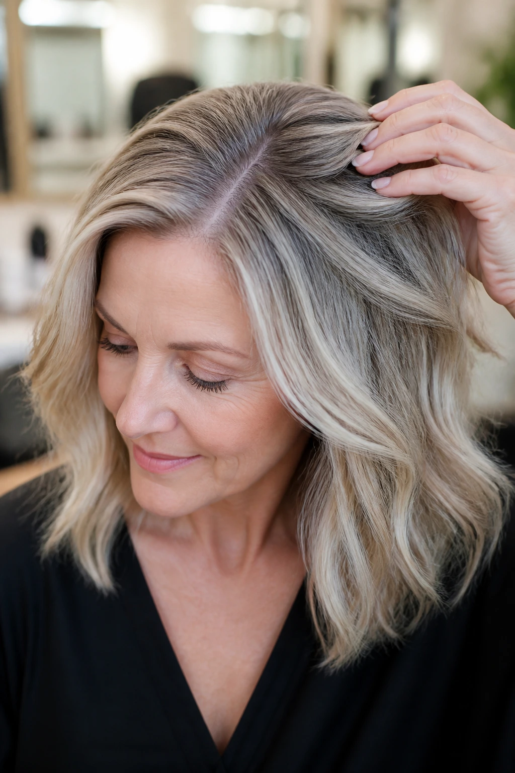 Hair with subtle grow-out at roots in a natural setting
