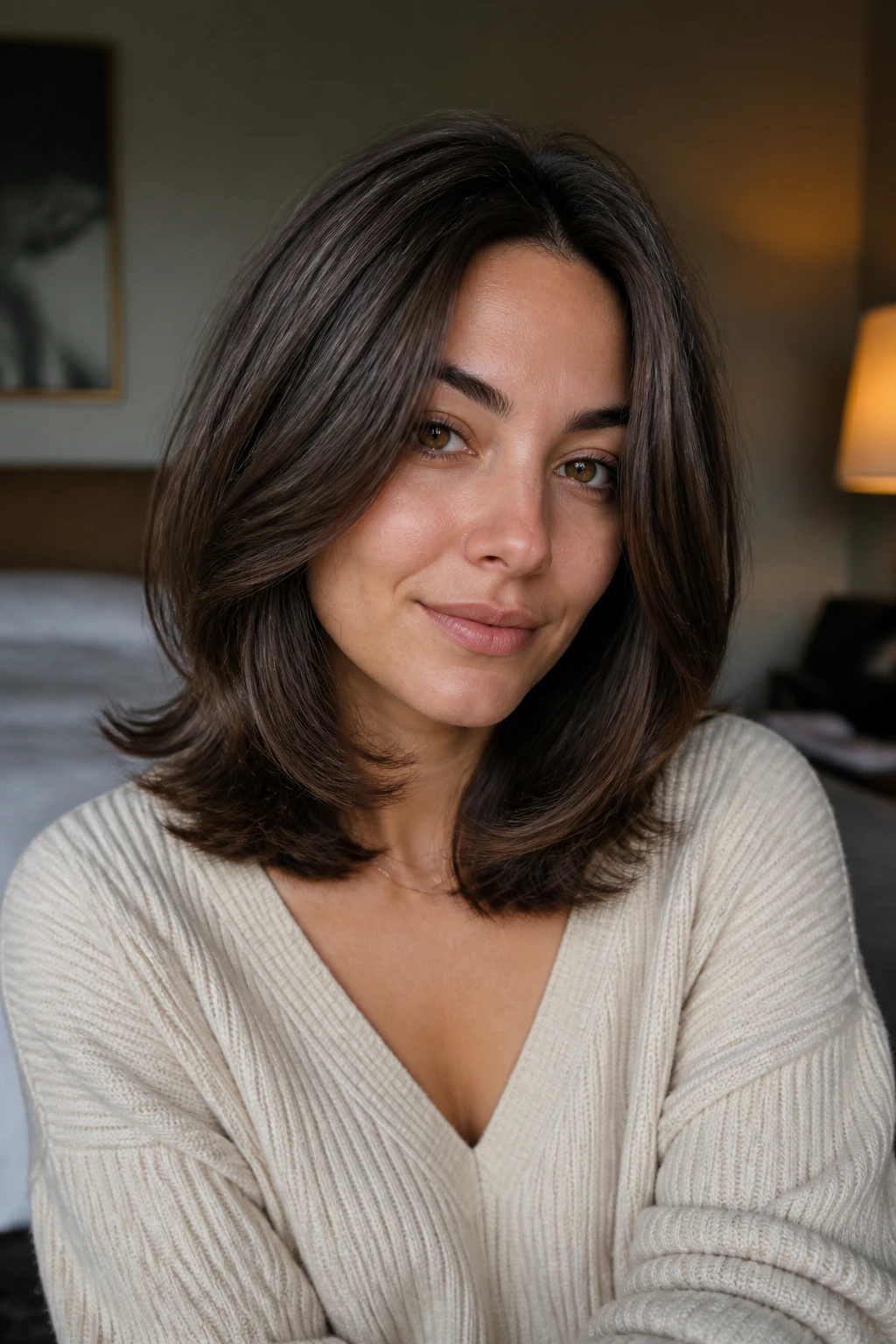 Portrait of a real person with medium-length thick hair neatly shaped in a cozy bedroom