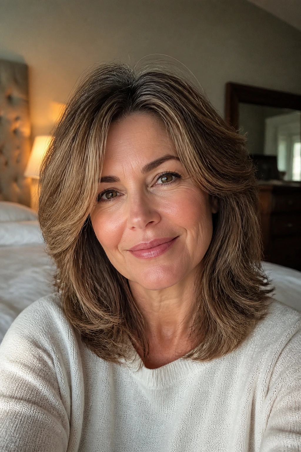 Portrait of woman with medium layered hair kept between salon visits