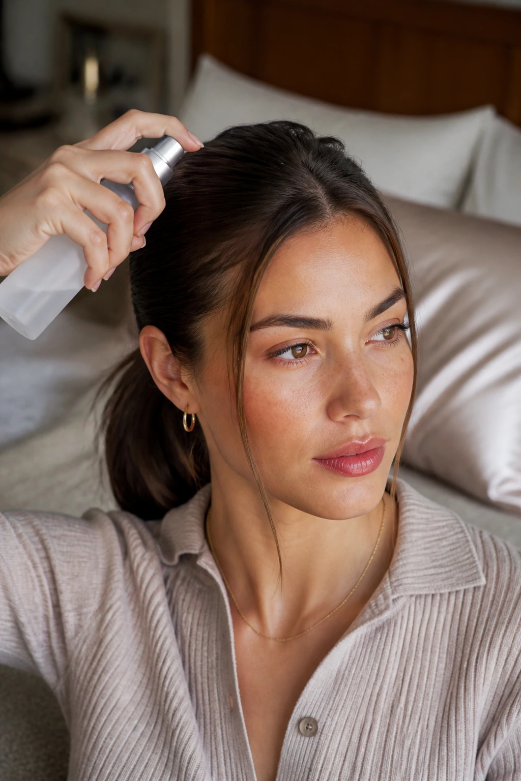 Close-up of a person refreshing hair at roots in a bedroom to show sleep-friendly styling
