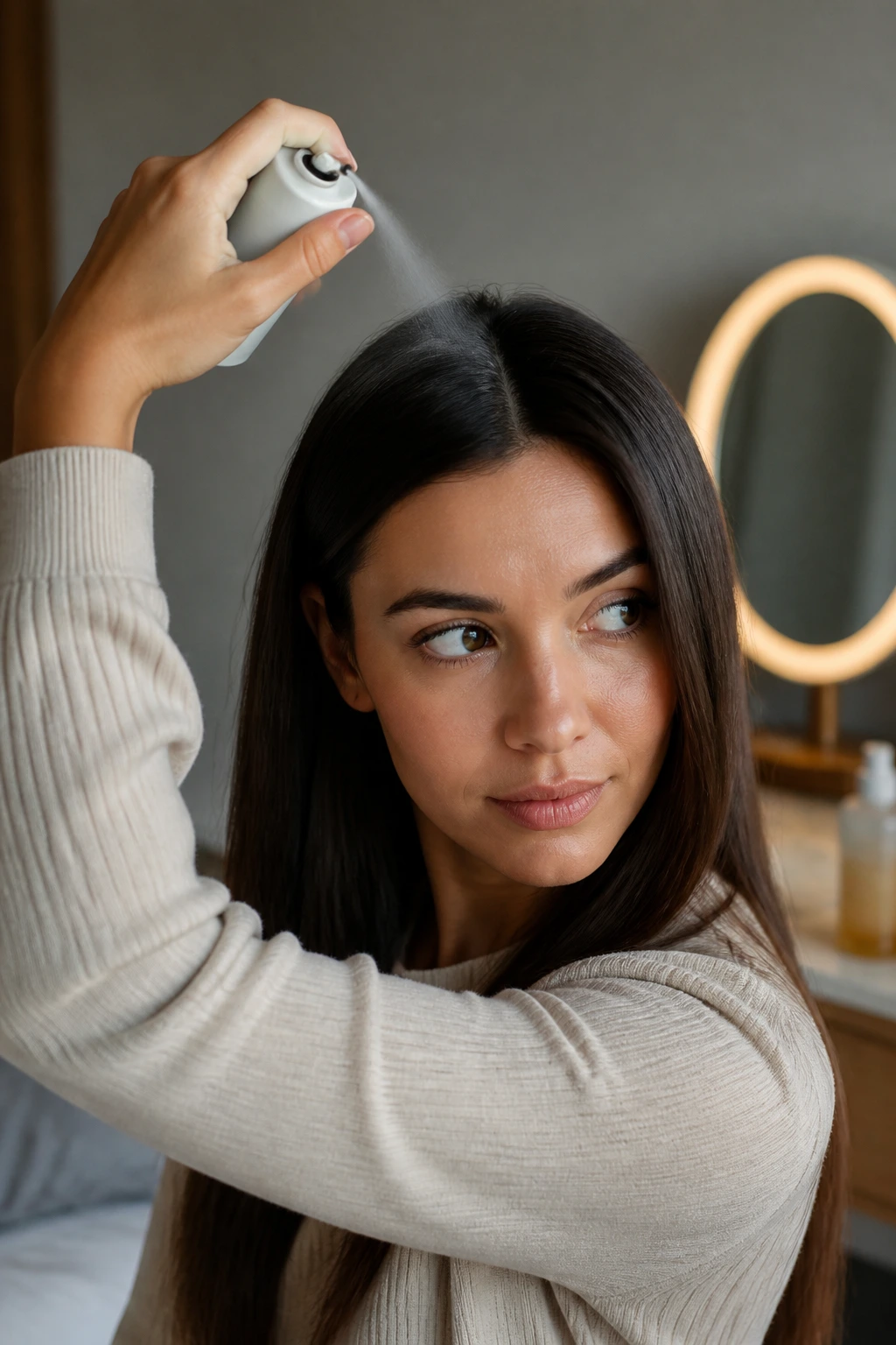 Close-up of real woman touching up sleek straight hairstyles with dry shampoo at the crown