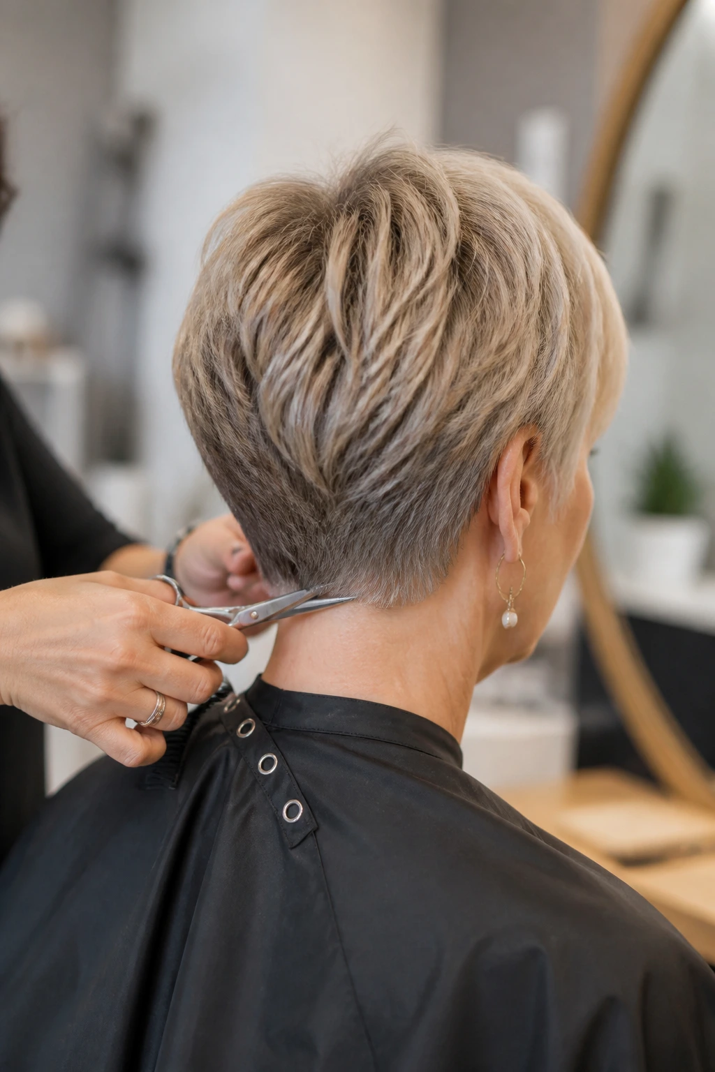 Side-profile of a woman in a salon chair getting a trim from a stylist