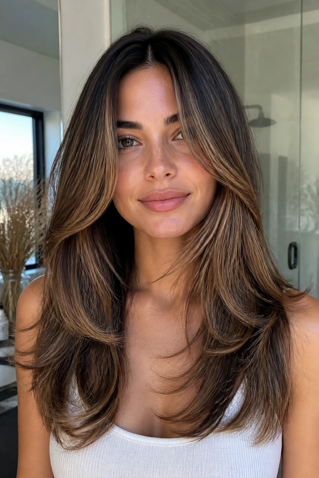 Close-up of a real woman with a crisp face frame and healthy ends, illustrating maintenance for long layers.