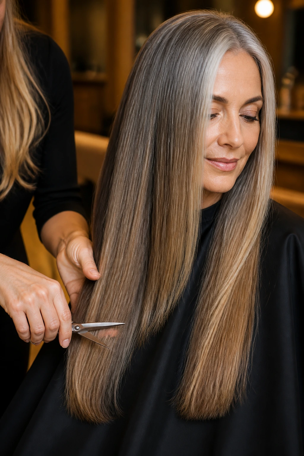 Close-up of a real woman with long straight hair during a trim in a warm salon