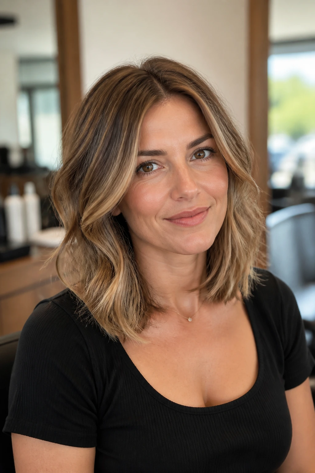 Portrait of a woman with well-maintained medium-length layered hair between trims