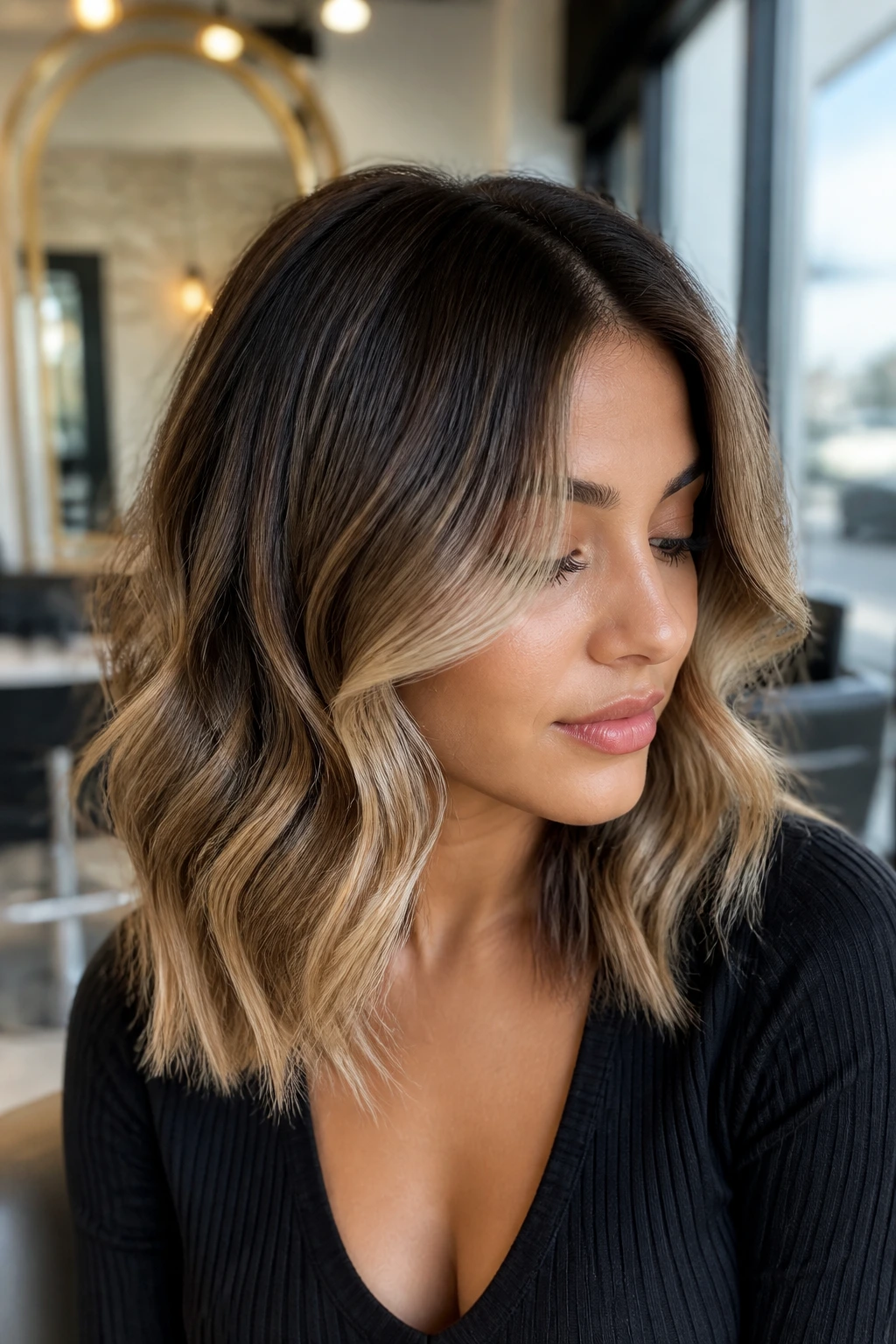 Portrait of a real woman with soft waves showing dimensional melt