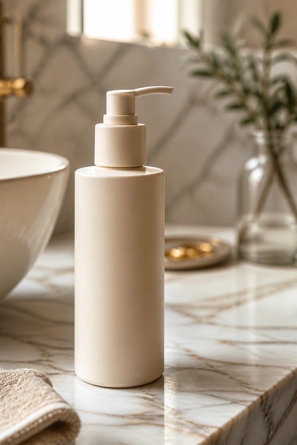 Plain pump bottle on a vanity with label not visible