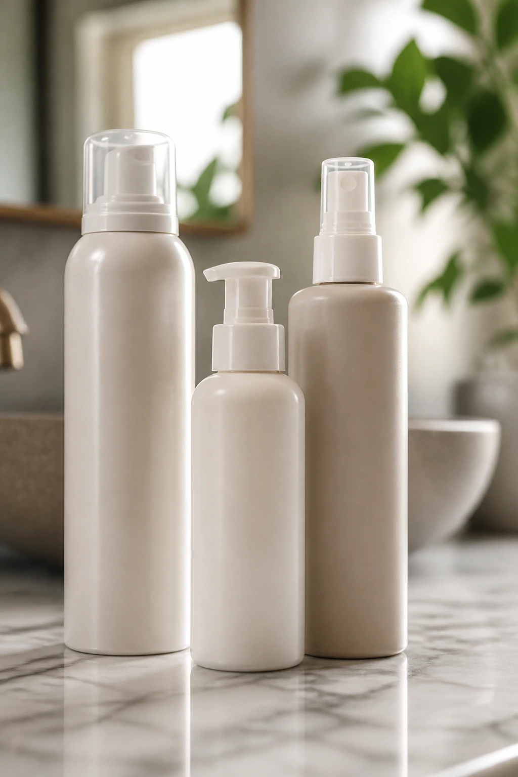 Unlabeled mousse, leave-in cream, and texture spray bottles on a counter
