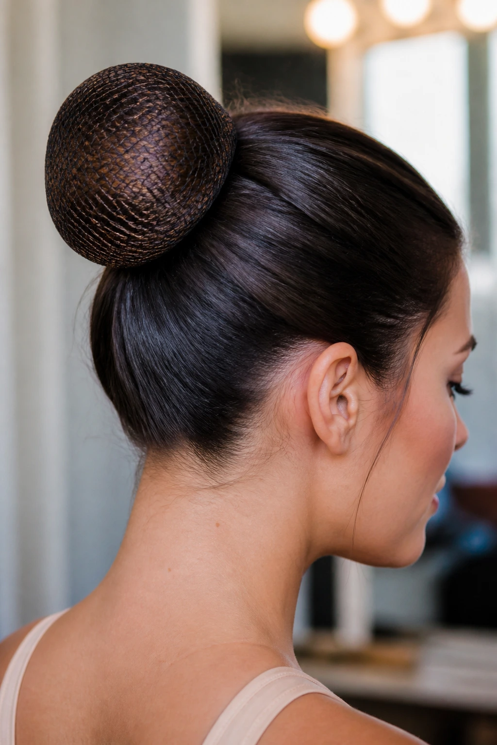 Real woman with hair-net wrapped bun close-up