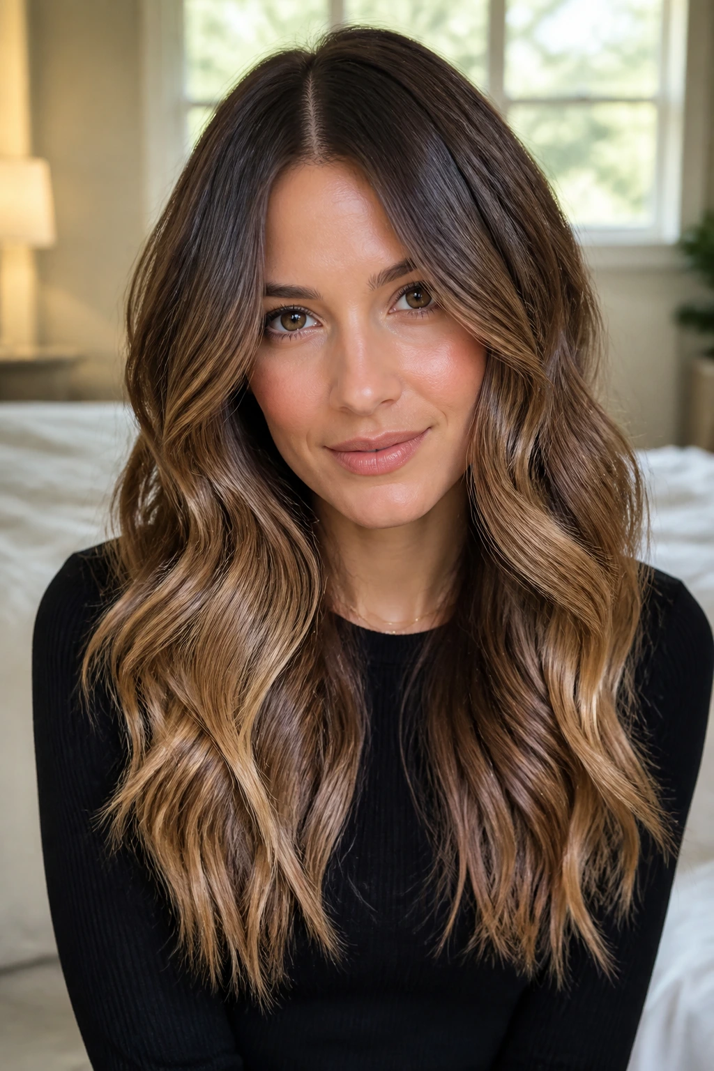 Close-up portrait of a real woman with brunette hair showing a gradient to suggest color options
