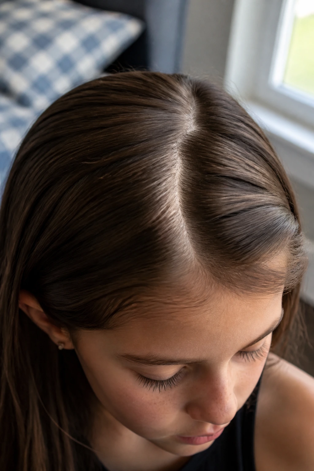 Close-up of a child's hair part showing a small shift.