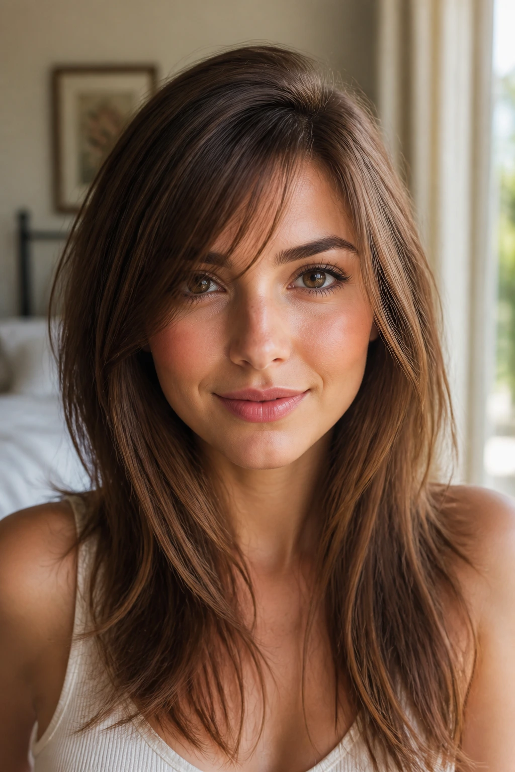 Close-up portrait of a woman showing a subtle hair-part tweak for heart-shaped face